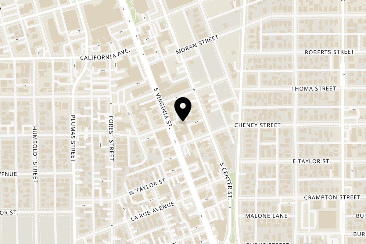 Map showing the location of Inclined Burgers and Brews Midtown Reno on 760 S Virginia St in Reno